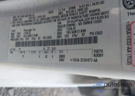 2015 Ford Fiesta S z USA, uszkodzony, nr VIN 3FADP4AJ2FM152630